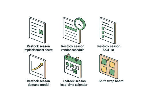 isometric icon items isolated on white background restock season replenishment sheet restock season vendor schedule restock season SKU list restock season demand model restock season lead