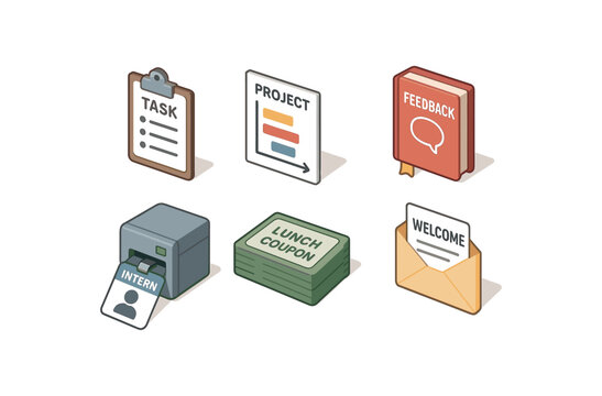 isometric icon items isolated on white background intern task assignment board intern project timeline chart intern feedback journal intern access badge printer intern lunch coupon pack