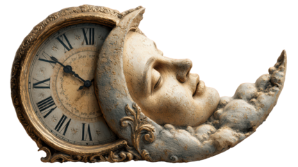 Antique clock fused with sculpted moon face, surreal representation of time and dreams