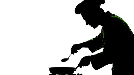 Black silhouette vector illustration of a man cooking putting something into the pan with spoon on white background
