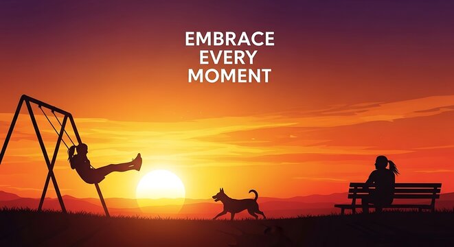 Silhouette of a child on a swing at sunset with a dog and person on a bench.