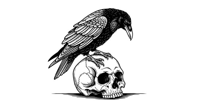 Intricate Engraving of a Raven Perched atop a Human Skull in Striking Black and White Detail, Symbolizing Mortality and Mystery, Ideal for Gothic Art, Halloween Designs, or Tattoo Inspiration, Dark De
