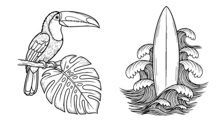 Tropical Toucan Perched on Monstera Leaf and Surfboard Amidst Ocean Waves Illustration for Summer Adventure Designs, Exotic Wildlife Art, Surfing Lifestyle Graphics, Retro Tattoo Style, Black and Whit