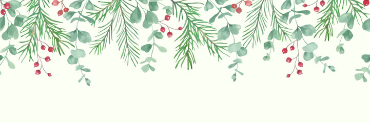 Hand-painted watercolor Christmas seamless border with pine branches, eucalypt leaves, red berries. Vector EPS.