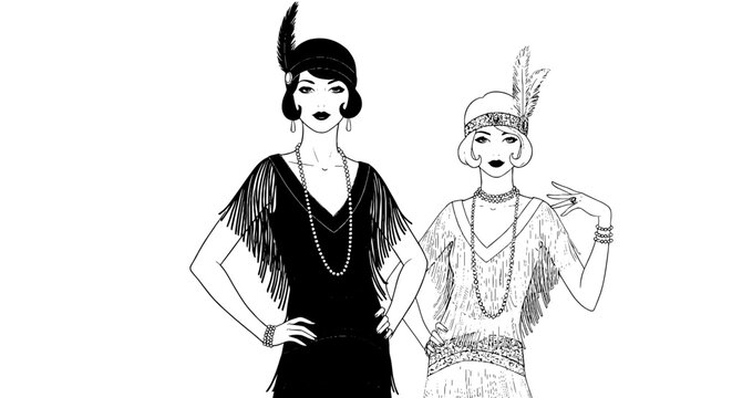 Elegant Flapper Girls in 1920s Dresses Posing for Vintage Fashion Portrait in Roaring Twenties Era, Expressing Glamour and Confidence, Ideal for Historical Projects and Themed Events, Black and White