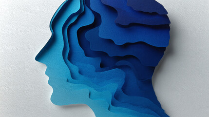 An artistic depiction of a human head silhouette in shades of blue, suggesting layers of thought. The design is unique and artistic