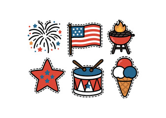 cute Independence Day set with bold black outline and dotted border including fireworks flag barbecue drum and ice cream simple details colorful minimal style isolated on white background