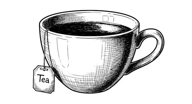 Steaming Cup of Tea with Tea Bag Brewed in a Vintage Style Mug Relaxing on a Table, Perfect for Morning Beverages, Warm Drinks, Cafes, Restaurant Menus, Business Presentations, Website Graphics, and L