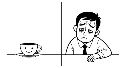 Exhausted Businessman Contemplates Happy Coffee Cup at Desk in Office Setting for Energy and Focus, Illustrating Burnout and Overwork in Corporate Culture, Black and White Graphic for Presentations an