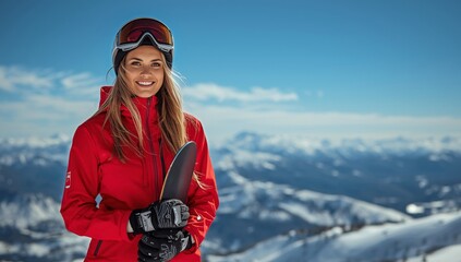 Beautiful Skier Poses Happily on a Snowy Mountain During a Sunny Ski Day