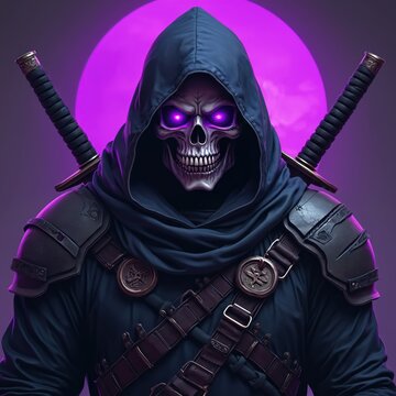 Hooded skull ninja character with purple glowing eyes, swords on back. Dark warrior in hooded cloak with armor. Digital art of fantasy grim reaper with swords. Illustration of mysterious skull face