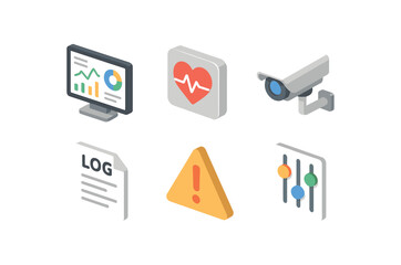 isometric icon items isolated on white background monitoring dashboard display monitoring heartbeat sensor monitoring CCTV camera monitoring log aggregation tool monitoring alert notifier