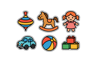 cute classic toys set with bold black outline and dotted border including spinning top wooden horse doll toy ball and building blocks simple details colorful minimal style isolated on white