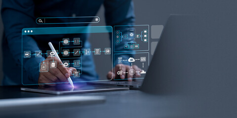AI automation workflow diagram, artificial intelligence software interface nodes triggers data tool dashboard coding icon flow process technology. Ai agent and process flow on digital code background.