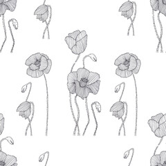 seamless pattern of poppies hand drawn pen illustration on white background, graphics, doodling