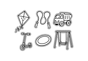 cute outdoor toys set with bold black outline and dotted border including kite jump rope toy truck scooter frisbee and swing simple details black and white minimal style isolated on white