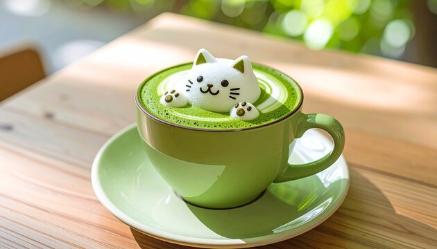 Matcha latte art 3d cat foam