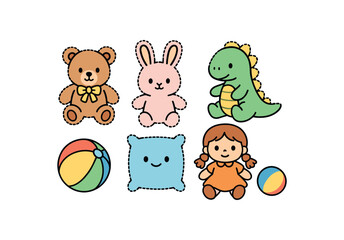 cute stuffed toys set with bold black outline and dotted border including teddy bear bunny dinosaur plush pillow toy doll and soft ball simple details colorful minimal style isolated on