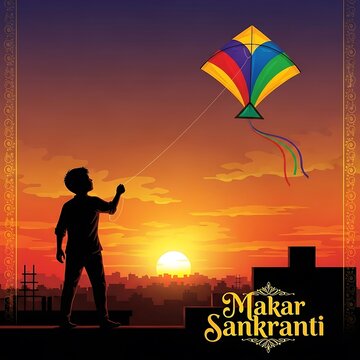 A young boy is flying a colorful kite at sunset on the festival of makar sankranti, a hindu festival celebrated in india and nepal with zeal and enthusiasm