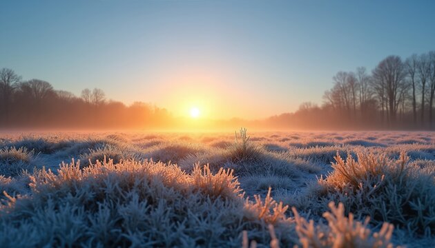 Winter sunrise over frosty field with morning mist. Golden sun illuminates frozen grass covered in white rime ice. Cold serene landscape shows beautiful nature outdoors at dawn. Peaceful scenery on