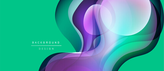 Abstract fluid shapes overlap, creating vibrant teal, purple, blue gradients. Modern design evokes movement, energy, sophistication.