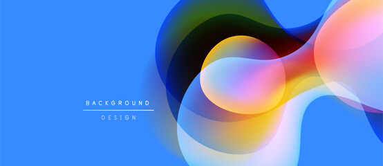 Abstract fluid shapes overlap, creating vibrant color gradients. Blue background enhances dynamic design elements. Modern, artistic composition.