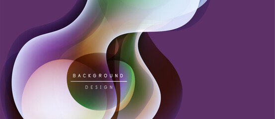 Abstract fluid shapes, purple hues dominate. Modern design elements create dynamic visual flow. Background suggests elegance, simplicity.