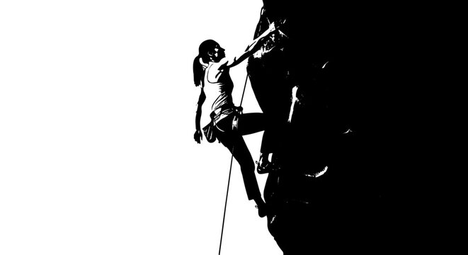 Determined Woman Rock Climbing on a Cliffside Adventure, Demonstrating Strength, Skill, and Perseverance in a Challenging Outdoor Environment for Fitness, Adventure, and Personal Growth, with a Dramat - Powered by Adobe