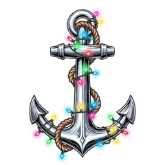 A festive anchor isolated on white background, adorned with colorful christmas lights and wrapped in nautical rope, creating a unique holiday decoration with a maritime theme