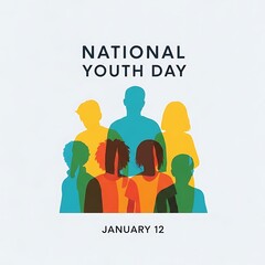Colorful silhouettes of diverse people celebrating national youth day isolated on white background, promoting unity, diversity, and youth empowerment on january 12th