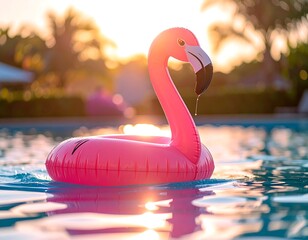 Inflatable pink flamingo floats in blue pool with sun setting behind