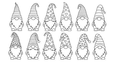 Collection of Whimsical Gnomes Illustrations for Coloring Pages: Perfect for Holiday Crafts and Decor, Adding a Touch of Fantasy to Winter Season Projects; Playful Designs for Festive Greetings, and C