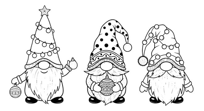 Festive Christmas Gnomes Decorating for the Holidays: Whimsical Illustration for Seasonal Greetings, Holiday Cards, and Children's Crafts, Representing Holiday Cheer, Joy, and Winter Celebration, Blac