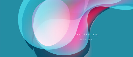 Abstract flowing shapes, vibrant colors, modern design. Turquoise, pink, light blue blend seamlessly creating dynamic visual effect. Background text present.