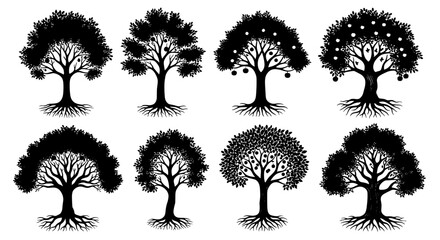 Illustrative Tree Silhouettes Growing Against White Backdrop Showcasing Fruitful Abundance for Ecological Presentations & Arbor Day Designs, Perfect for Environmental Projects & Botanical Graphics, Fe