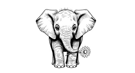 Adorable Baby Elephant Offering a Daisy Flower: Ink Sketch Illustration for Greeting Cards, Children's Books, and Animal Welfare Campaigns. Whimsical Design Element with Detailed Engraving, Ideal for