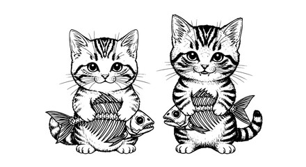 Two Adorable Striped Kittens Holding Fish Skeletons Isolated on White Backdrop, Whimsical Felines with Edible Catch Illustration, Pet Shop Logo Design, Cartoon Drawing for Children's Book, Veterinary