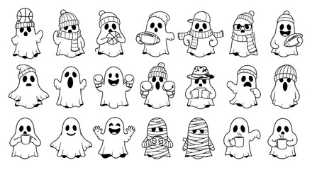 Collection of Halloween Ghosts in Various Costumes and Activities: Fun Seasonal Characters for Spooky Celebrations, Perfect for Holiday Greetings, Marketing,  Printables, Invitations, Parties, and Cre