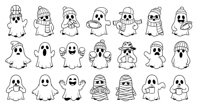 Collection of Halloween Ghosts in Various Costumes and Activities: Fun Seasonal Characters for Spooky Celebrations, Perfect for Holiday Greetings, Marketing,  Printables, Invitations, Parties, and Cre