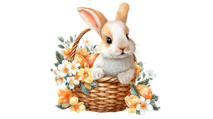 Fluffy brown rabbit with a basket of flowers is a cute Easter decoration