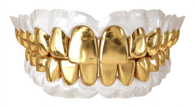 Golden grillz on a set of white teeth display a unique style in fashion and dental trends, highlighting individuality and personal expression