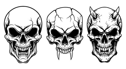 Three Evil Skulls Conjuring Dark Magic for Halloween Night, a Tattoo Design for Gothic Rock Band Album Artwork, Horrifying Death Heads Symbolizing Mortality, Graphic Illustration for Horror Movie Post