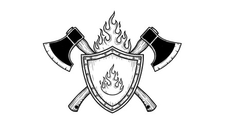 Bold Firefighter Emblem Featuring Crossed Axes and Shield with Flames, Representing Protection, Bravery, and Rescue Operations in Emergency Situations, Graphic Illustration Style for Historical Design