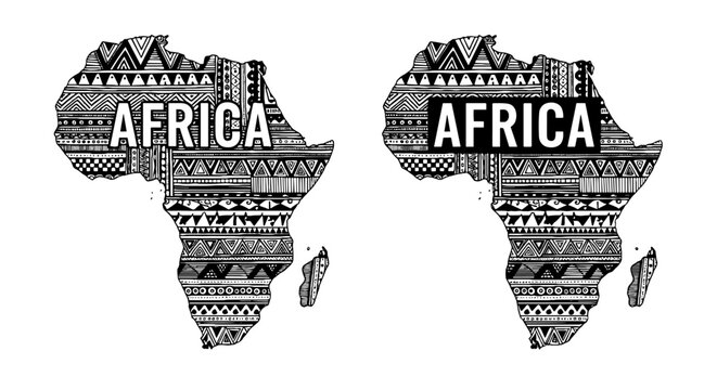 Ornate Africa Continent Map Illustrations:  Detailed Tribal Design Cartography for Educational Resources, Cultural Heritage Projects, Geographical Studies, Black and White Patterned Continent Art for