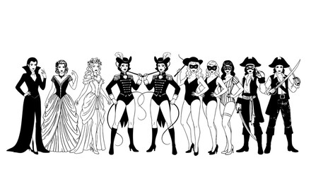 Group of Women in Diverse Halloween Costumes Posing, Vampire, Queen, Can Can Dancer, Pirate, Carnival Outfits, Festive Celebration, Fantasy Characters, Masquerade, Elegant Black and White Design, Part