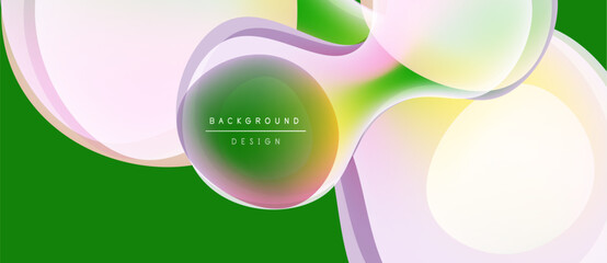 Abstract fluid shapes overlap, creating vibrant color gradients. Green background complements pastel hues. Modern design element.