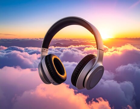 Headphones floating among clouds during a vibrant sunrise or sunset