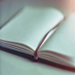 Open notebook with blank lined pages and ribbon bookmark in soft natural light. Minimalistic workspace concept for writing, studying, planning, or journaling