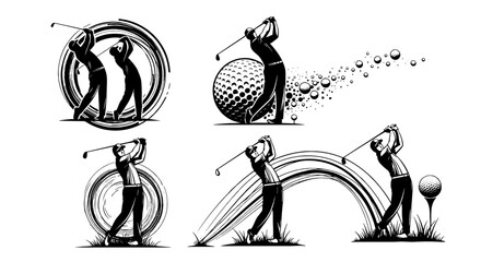Dynamic Golfer Silhouette Swinging Club in Action on Course with Ball Flight, Golfing Competition, Sporty Lifestyle, Modern Graphics for Team Branding, Tournament Advertising, Presentation Design and