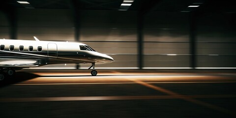 Luxurious private jet parked inside a modern hangar. Elegant business airplane symbolizing wealth, travel, and technology. Soft light reflects on sleek wings and metallic surface